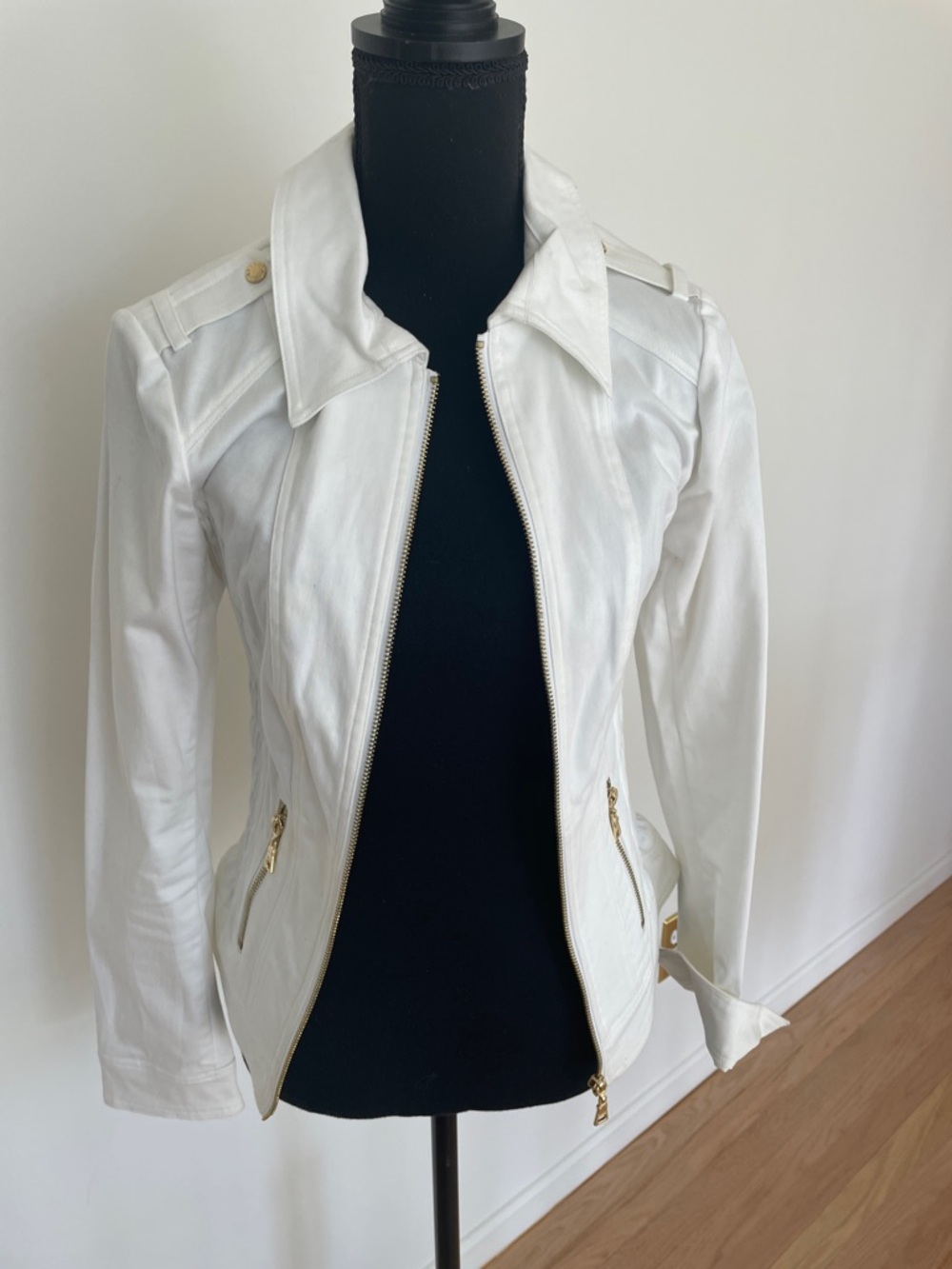 Guess White Leather Moto Jacket with Gold Hardware